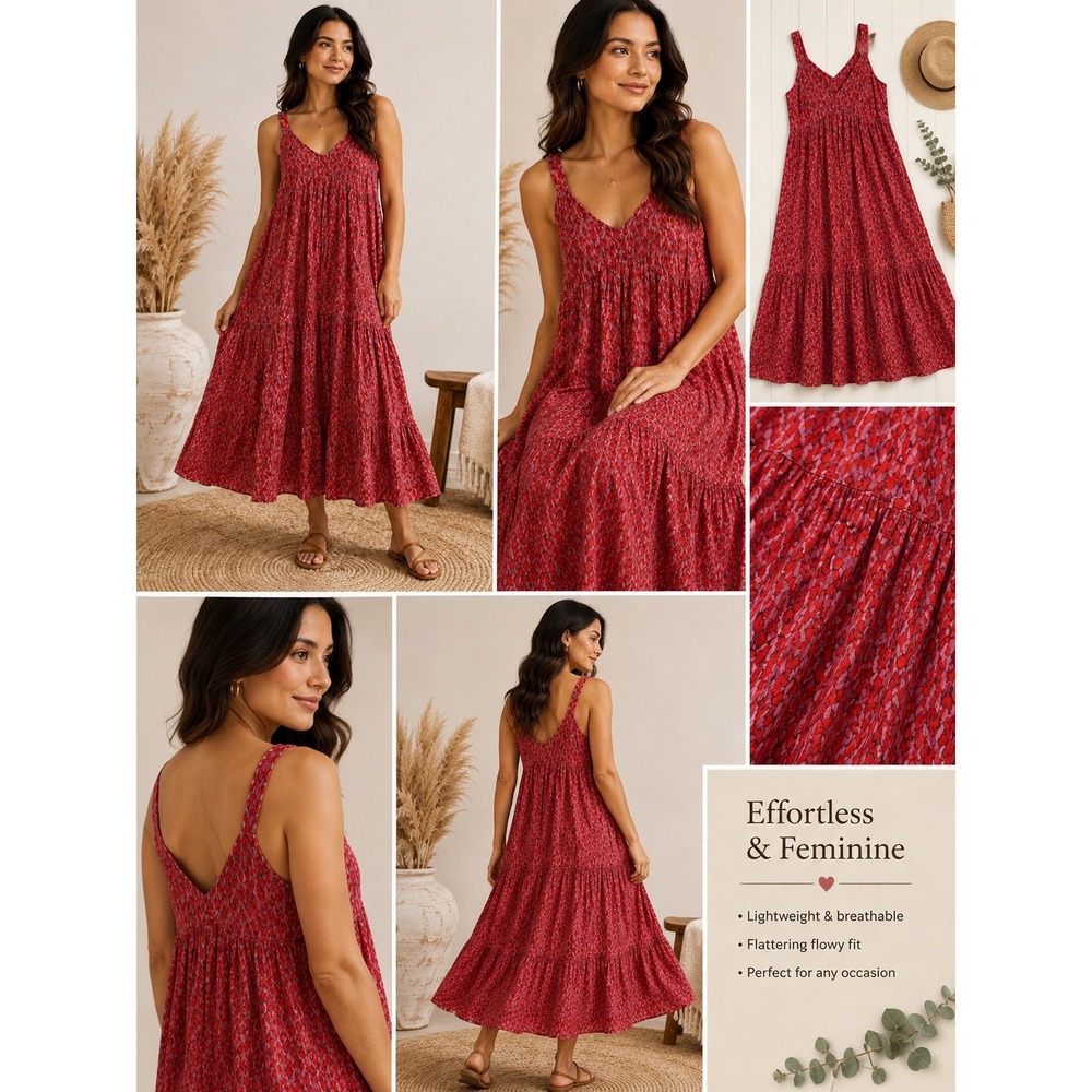 Joie Red Pink Abstract Print Cotton Tiered Maxi Dress Sleeveless V-Neck XL